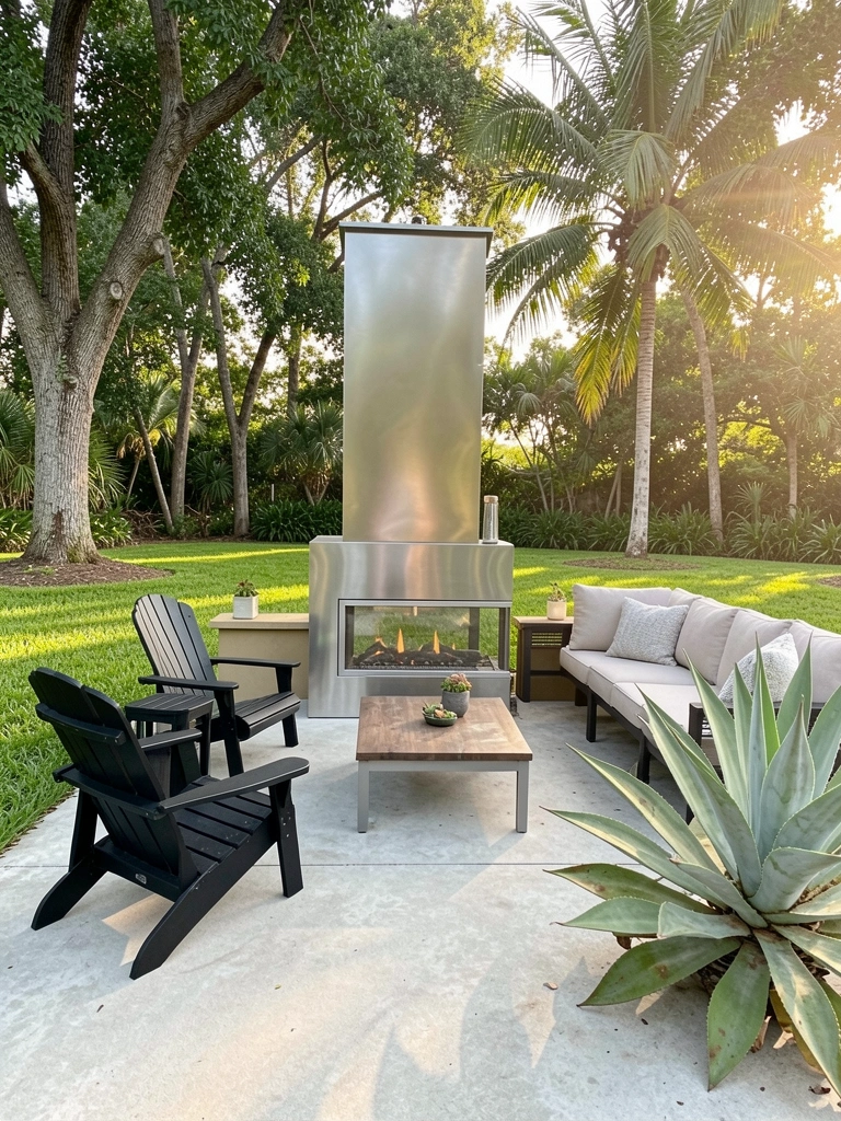 Lareira externa de aço inoxidável em pátio de concreto, cercada por grama verde, com duas poltronas Adirondack pretas, sofá e mesa de centro, além de uma agave à direita, sob luz natural filtrada por árvores.