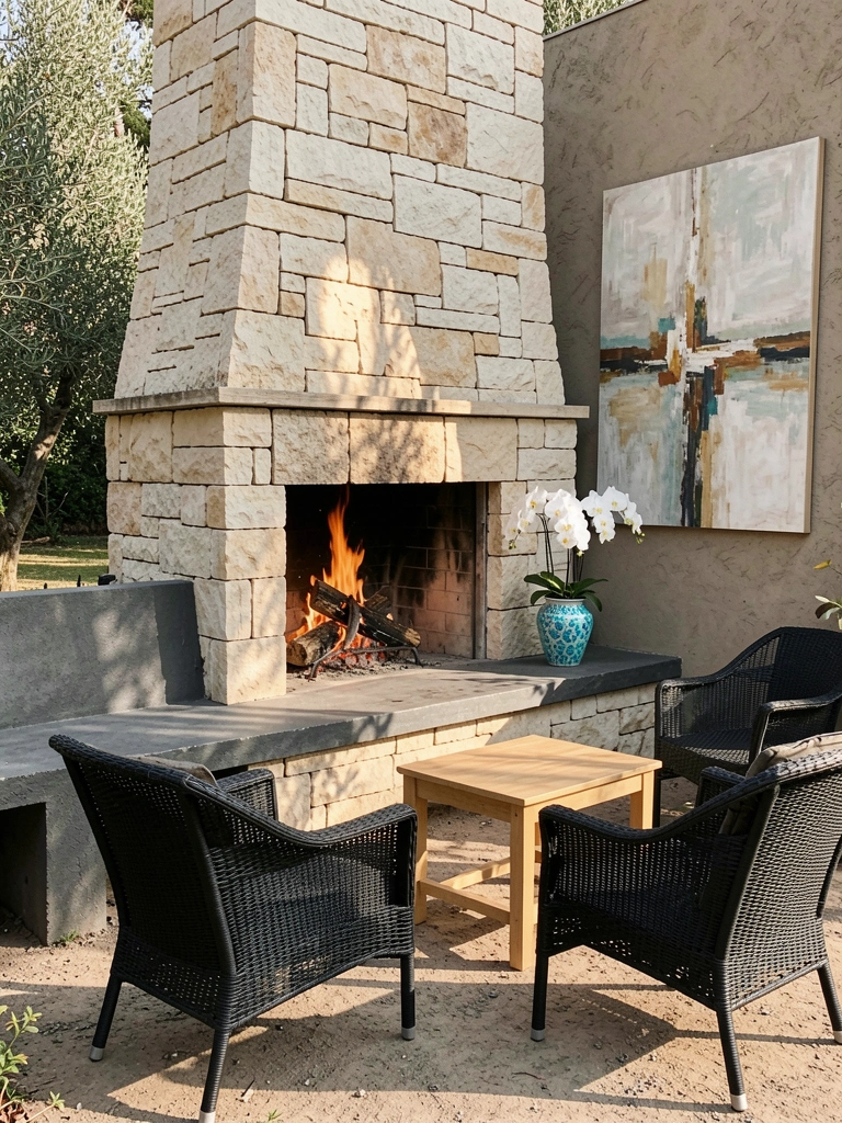 Pedras empilhadas claras, lareira acesa, poltronas de vime pretas e banco de concreto cinza em jardim amplo, luz natural difusa.