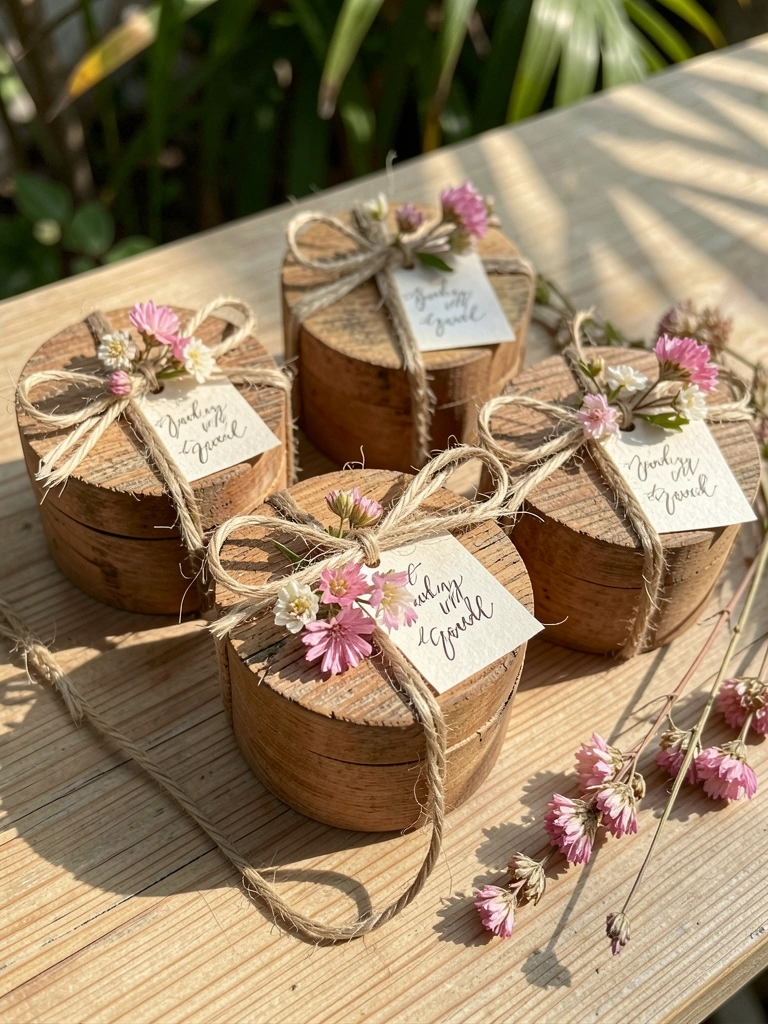 Três caixinhas de madeira rústica amarradas com barbante e flores secas, sobre superfície clara, com etiquetas de papel e caligrafia à mão, sob luz natural.