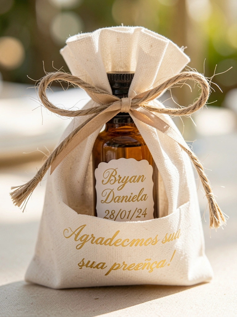 Saco de presente artesanal de papel kraft parcialmente aberto, com cordão de sisal e laço de fita, revelando frasco âmbar com rótulo de caligrafia dourada e luz natural suave.