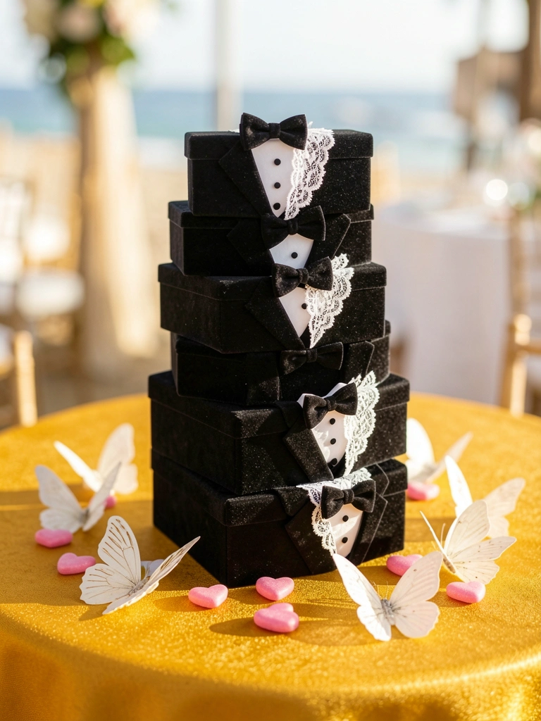Caixas em formato de smoking preto empilhadas sobre toalha dourada, com borboletas brancas e corações de bala rosa espalhados, luz natural suave.
