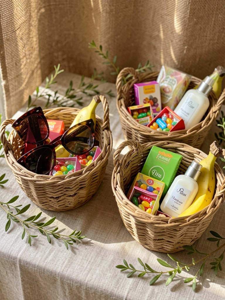 Cestos de vime com óculos escuros, caixas de doces coloridos, banana e frasco de loção sobre toalha de linho bege, luz solar filtrada.
