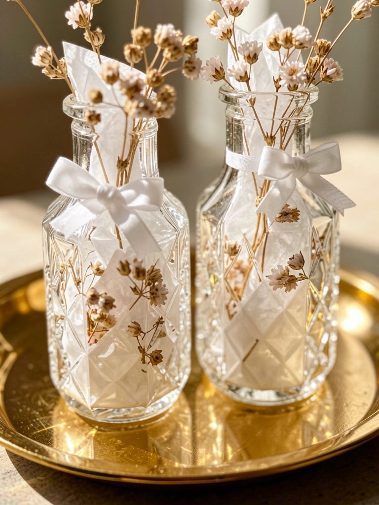 Dois frascos de vidro facetado com flores secas e laços brancos sobre bandeja dourada, luz difusa e fundo desfocado.