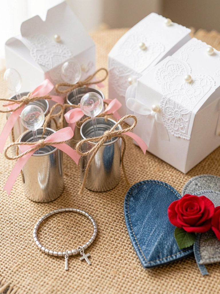 Pequenos cilindros prateados com laço rosa e barbante ao lado de caixas de papel branco com renda e pérolas, pulseira de prata com cruz sobre juta, corações de brim e cinza com botões de rosa vermelha, luz natural difusa.