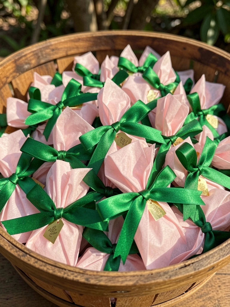 Grande pilha de lembrancinhas rosa pálido com fitas verdes e etiquetas douradas em cesto rústico, luz natural difusa e fundo desfocado de jardim.