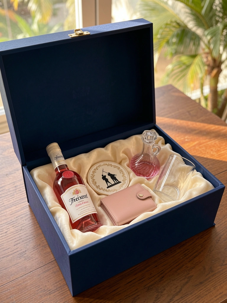Caixa de presente azul marinho aberta com garrafa rosé, carteira rosa, decantador de vidro e copo, forrada em tecido creme, luz natural suave.