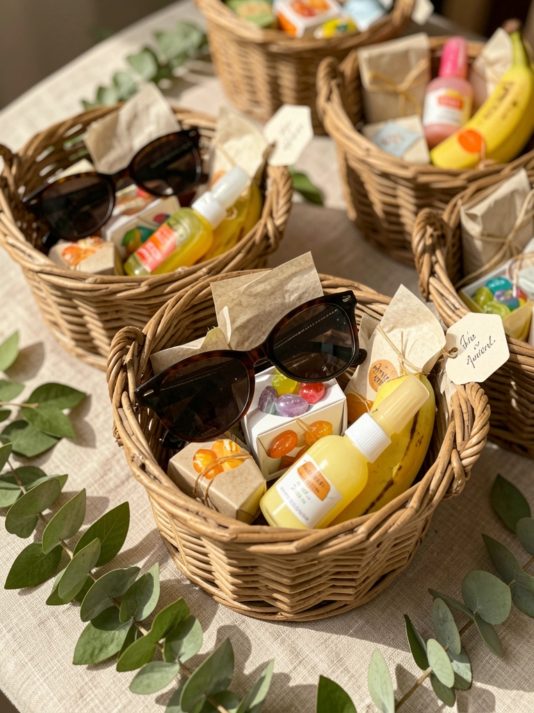 Cestos de vime rústicos com presentes embrulhados, óculos escuros, doces e eucalipto sobre toalha de linho bege, luz natural suave.