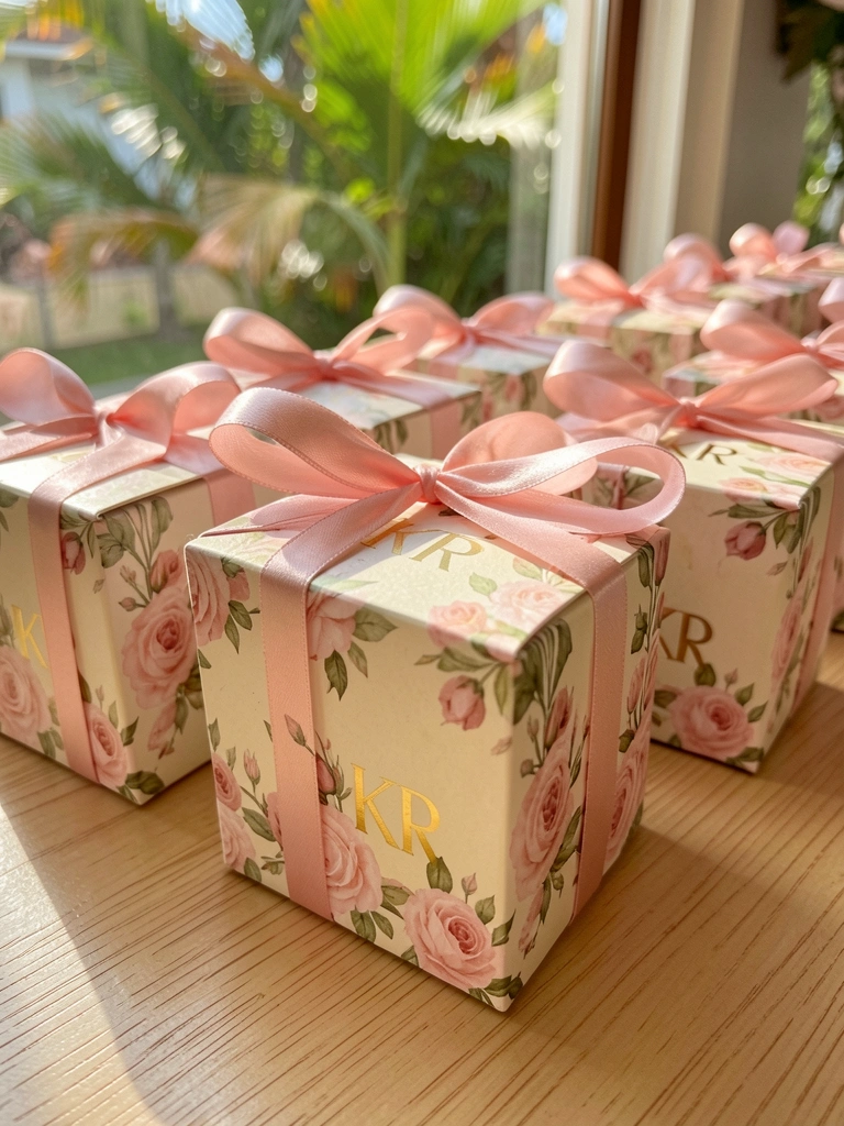 Caixas de lembrancinhas quadradas com monograma KR em foil dourado, laço de cetim rosa e estampa floral blush, sobre superfície de madeira clara com luz natural.