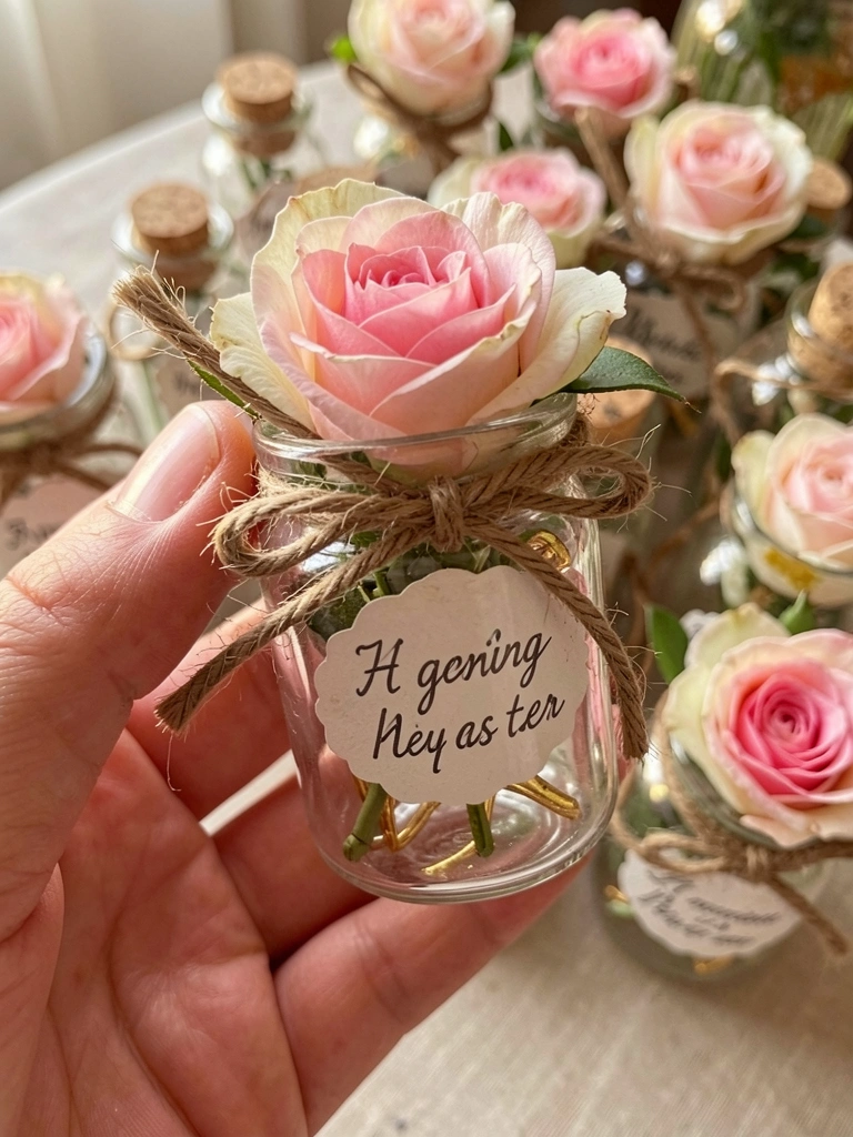 Mão segurando pote de vidro com rosas rosas e brancas, etiqueta personalizada, barbante rústico e rolha dourada, luz natural suave.