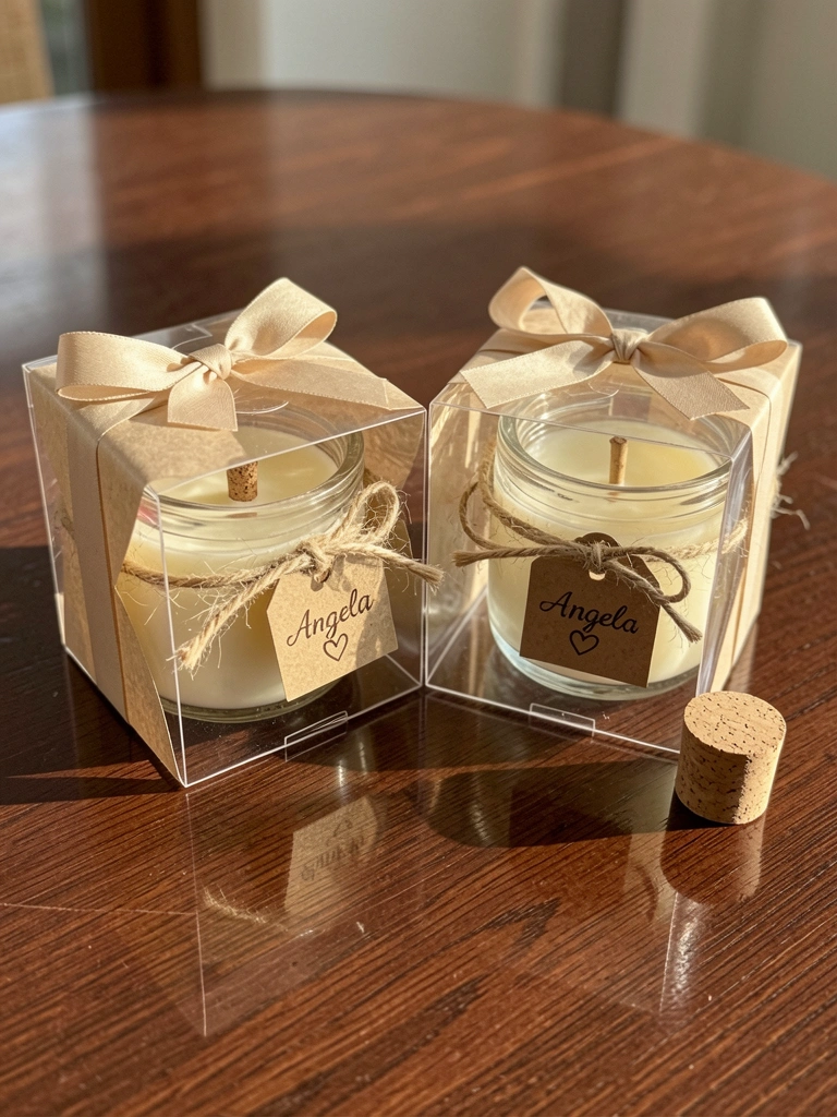 Caixas acrílicas quadradas com velas em papel pardo e laço bege, superfície de madeira escura refletindo luz natural difusa.