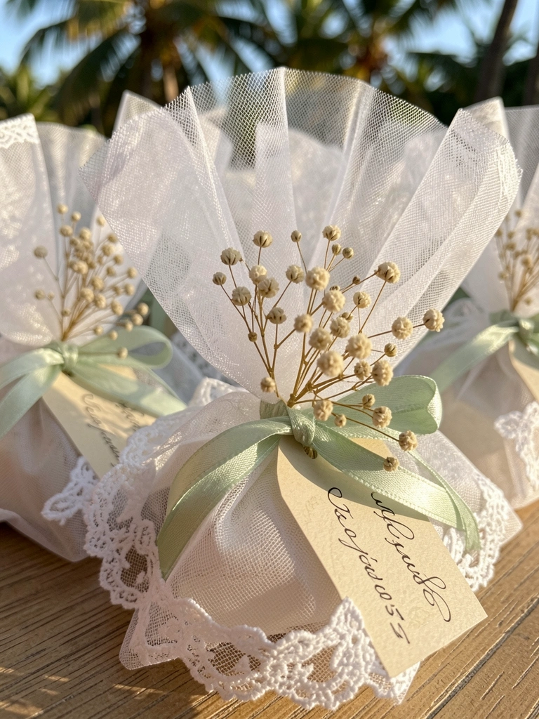 Pequenos saquinhos de tule branco com renda, laço verde-claro e raminho de gipsófila, luz natural suave e fundo desfocado.