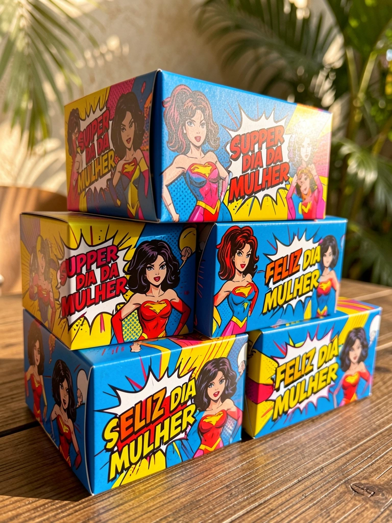 Pilha de caixas de presente azuis e amarelas com ilustrações de super-heroína e balões de fala, sobre superfície de madeira iluminada por luz natural tropical.