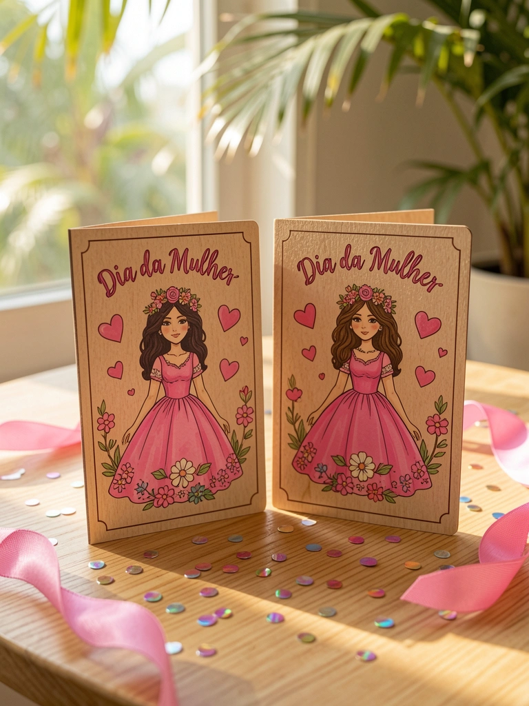 Dois cartões de madeira com ilustrações de mulheres, corações e flores sobre mesa clara, confetes e fita rosa, luz solar filtrada.