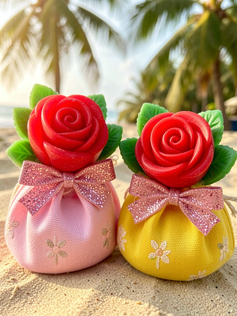 Sabonete artesanal vermelho em forma de rosa com folhas verdes, dentro de saquinhos rosa e amarelo, laço glitter e fundo desfocado com luz natural.