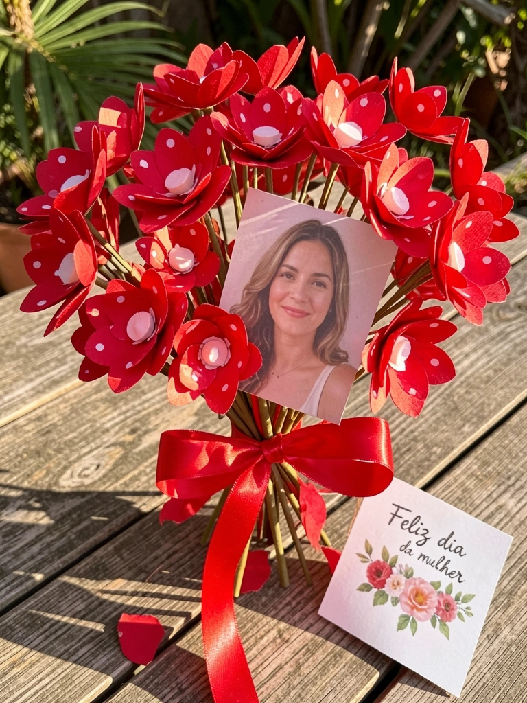 Buquê de flores de papel artesanais vermelhas com bolinhas brancas, laço de cetim vermelho e cartão personalizado sobre superfície de madeira rústica sob luz natural.