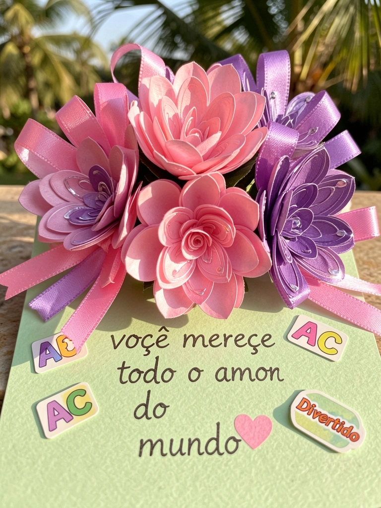 Arranjo de flores de papel rosa e roxo com laços de cetim sobre cartão verde claro, luz natural suave e adesivos ABC espalhados.