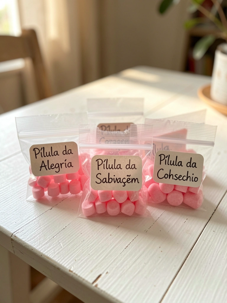 Saquinhos plásticos transparentes com doces cor-de-rosa e etiquetas manuscritas sobre mesa de madeira branca, luz natural suave ao fundo.