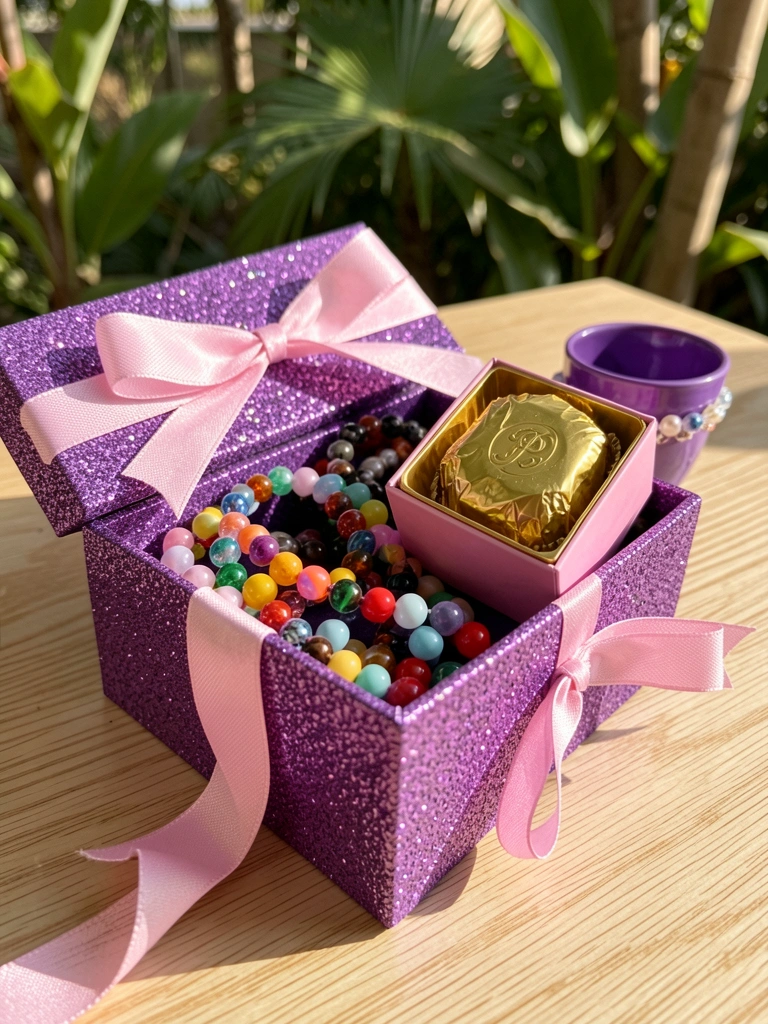 Caixa artesanal roxa com glitter, pulseiras de miçangas coloridas e bombons em papel dourado sobre mesa clara de madeira, luz natural.