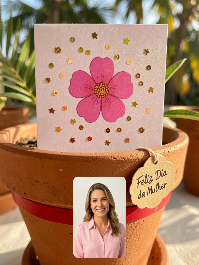Cartão rosa vibrante com confete dourado e lantejoulas estreladas sobre vaso de terracota texturizado, luz natural do dia.