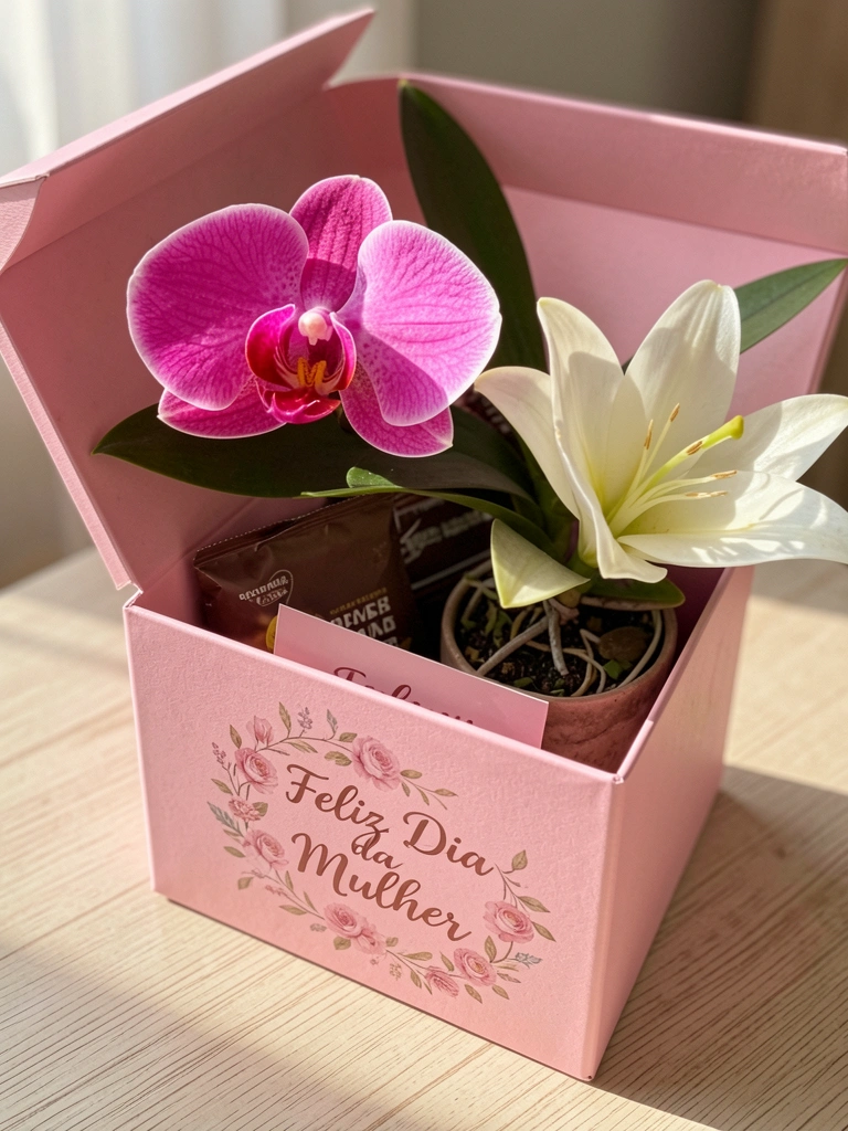 Caixa de presente rosa com estampa floral, orquídea rosa, barra de chocolate e lírio branco sobre madeira clara, com luz lateral suave.