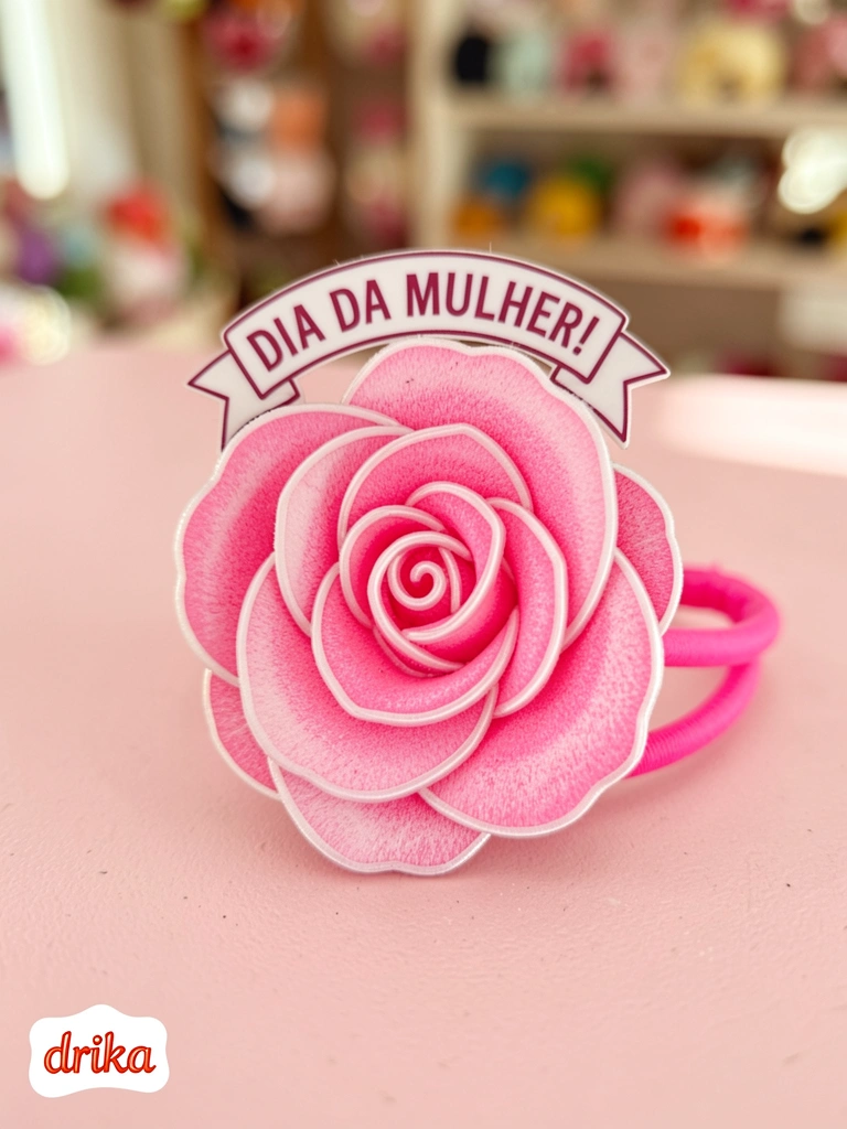 Elástico rosa com laço em formato de rosa, detalhes em rosa claro e logotipo 