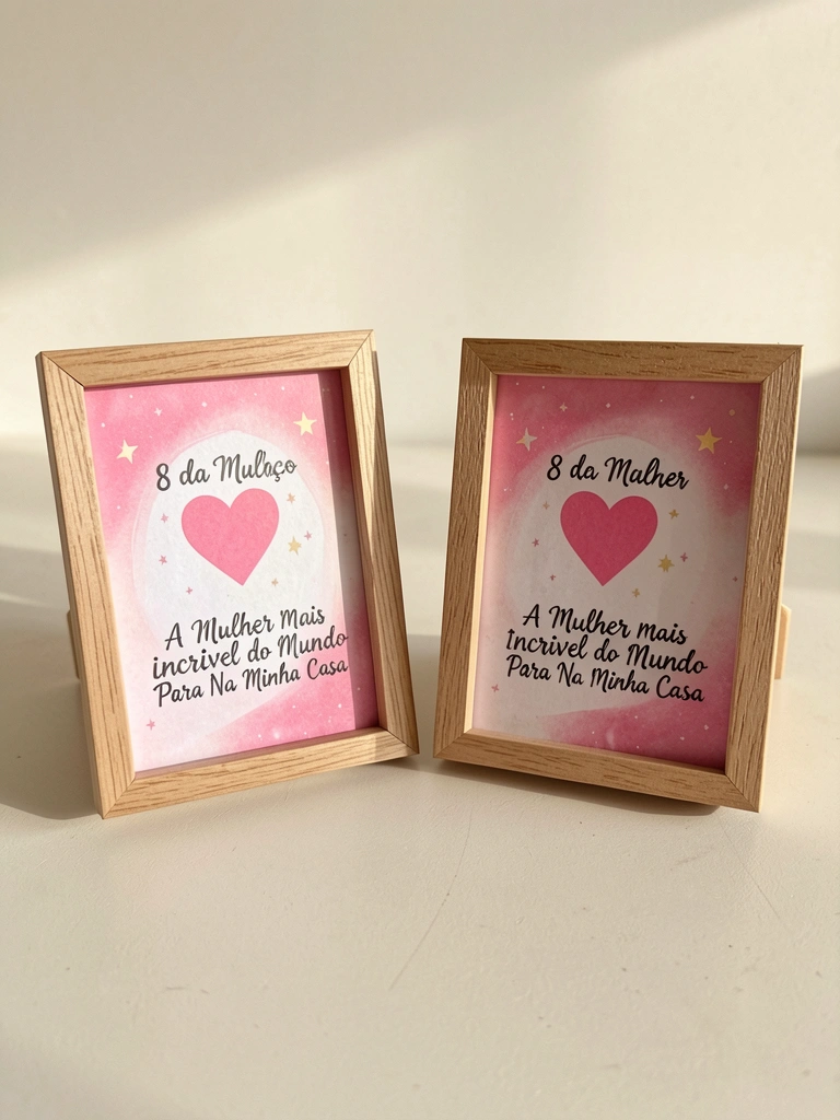 Dois cartões com moldura de madeira e design celestial rosa sobre superfície clara, iluminados por luz natural.