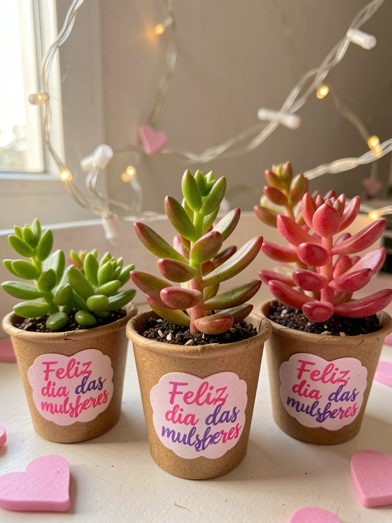 Três suculentas em vasos de papel pardo com etiquetas 