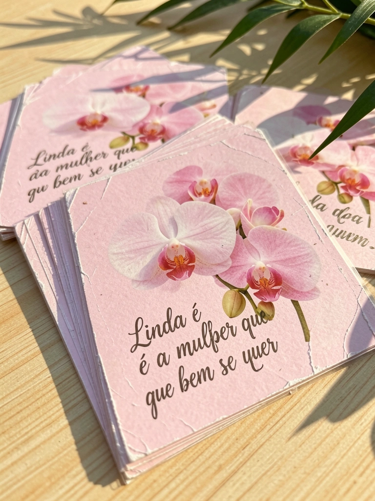 Cartões decorativos com orquídeas rosa e texto manuscrito em português sobre superfície de madeira clara, luz natural e folhagem ao fundo.