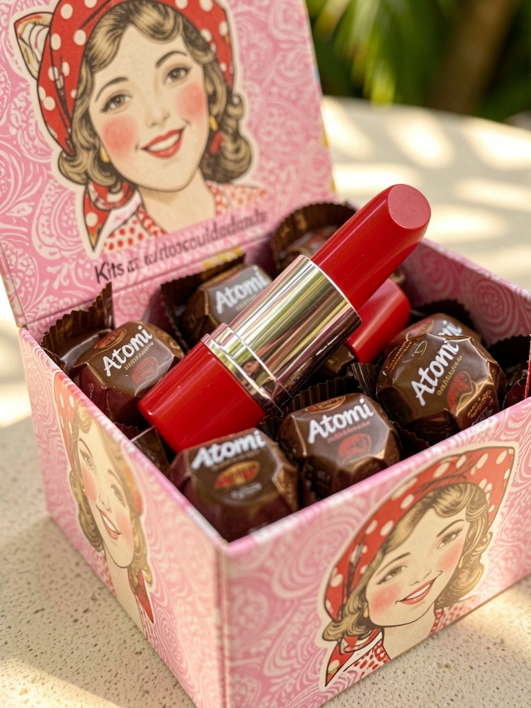 Batom vermelho entre chocolates Atomí sobre caixa rosa e branca com ilustração vintage de mulher de lenço e bochechas rosadas, luz natural suave.