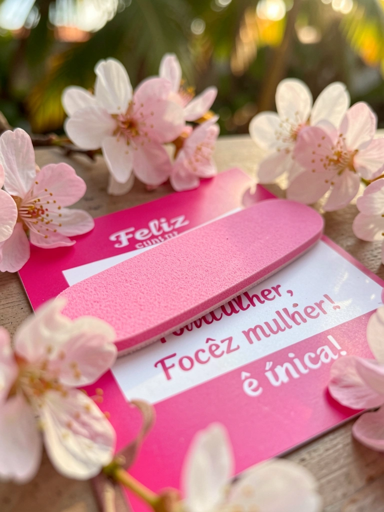 Lixa de unha rosa sobre cartão rosa e branco com texto, cercada por flores de cerejeira, luz natural difusa e fundo desfocado.