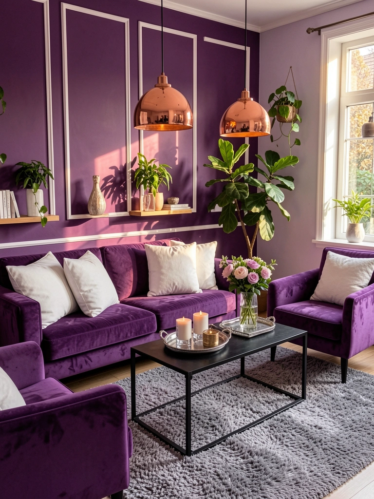 Sofá de veludo roxo com almofadas brancas, mesa de centro preta, luminárias pendentes de cobre e parede roxa com painéis.