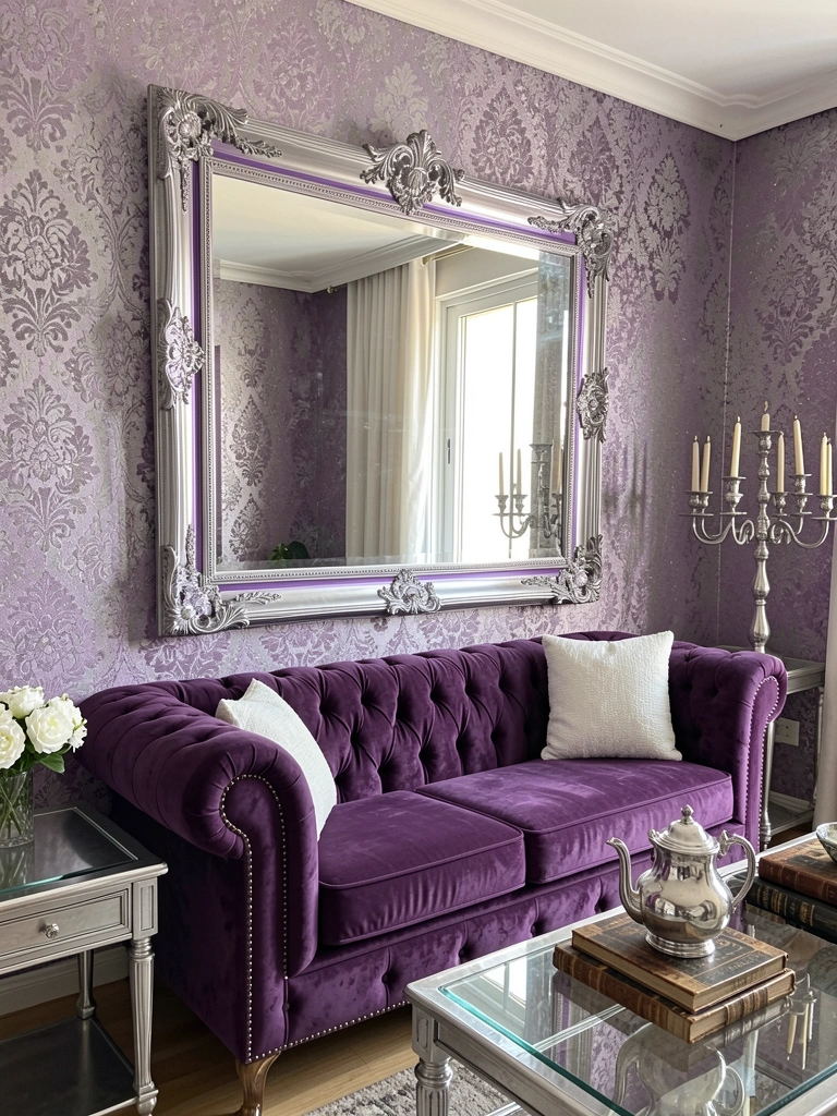 Detalhe do damasco roxo e prateado na parede, com espelho ornamentado refletindo sofá Chesterfield de veludo roxo e almofada branca.