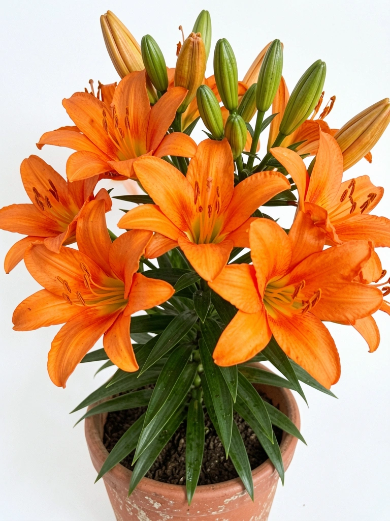Flor de lírio laranja com pétalas abertas e estames visíveis sobre fundo neutro.