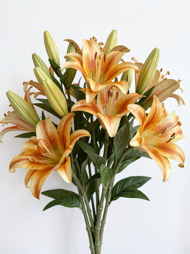 Flor de lírio laranja com pétalas abertas e estames salientes sobre fundo neutro