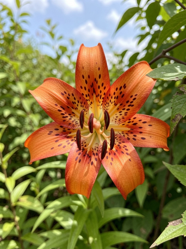 Flor de lírio laranja com pétalas abertas e estames salientes sobre fundo neutro.