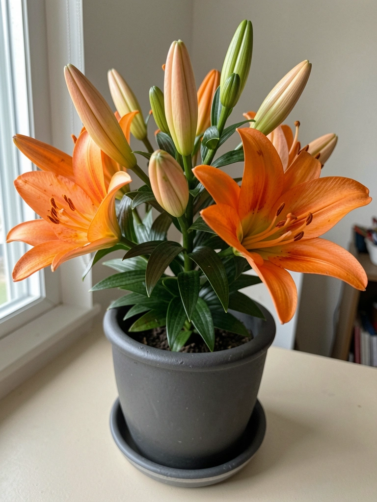 Flor de lírio laranja com pétalas abertas e estames visíveis sobre fundo neutro.