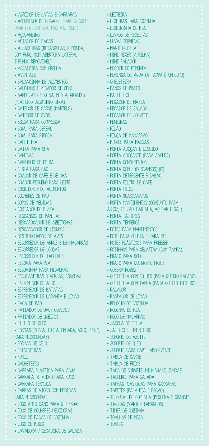 lista de presentes chá de cozinha econômico