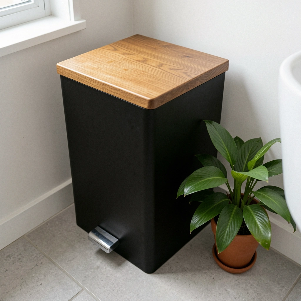 Lixeira decorativa em banheiro moderno com plantas