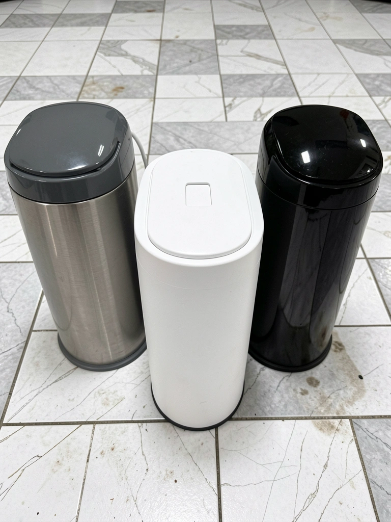 Três lixeiras de banheiro lado a lado: uma em ABS preta, uma em inox escovado e uma em plástico branco, com tampas de abertura por pedal.