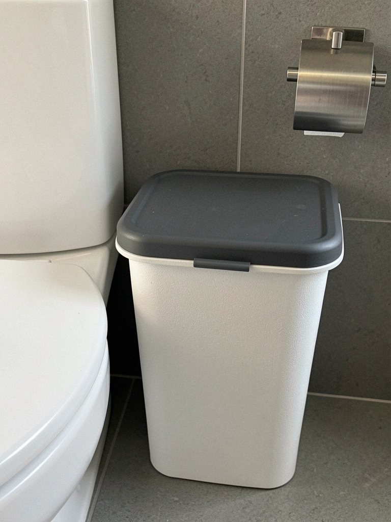 Lixeira compacta de 10 litros ao lado de vaso sanitário em banheiro claro.