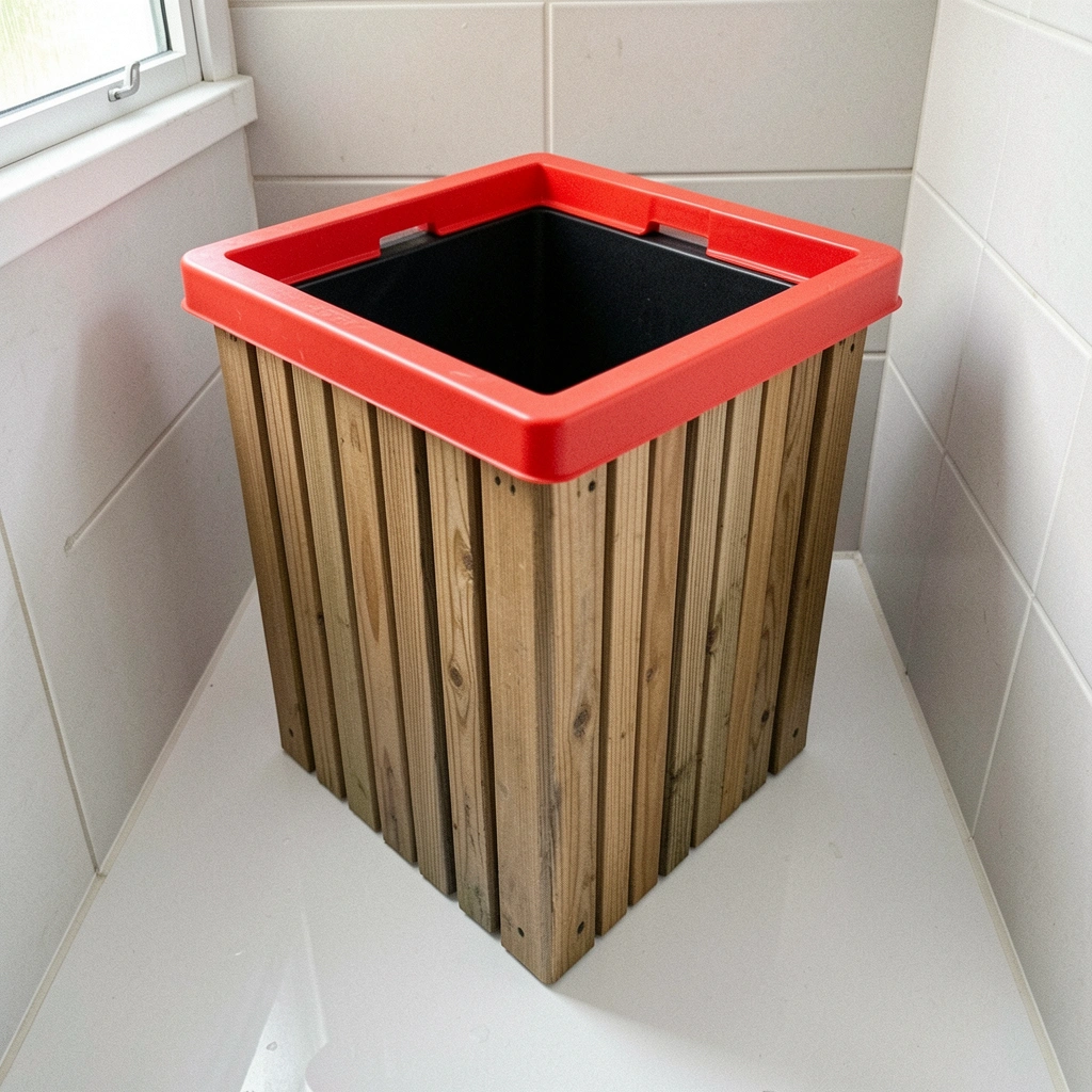 Lixeira estreita e alta instalada ao lado do vaso sanitário em banheiro pequeno.