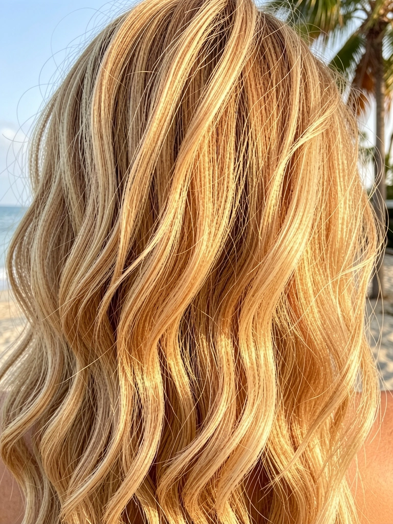 Cabelo honey-blond com camadas em ondas soltas, iluminado por luz natural difusa, com fundo desfocado tropical.