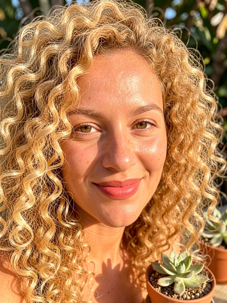 Close-up de uma mulher de cabelo loiro-mel e cachos volumosos, com batom rosado e pele com brilho natural; ao fundo, um vaso de suculenta desfocado sob luz tropical.