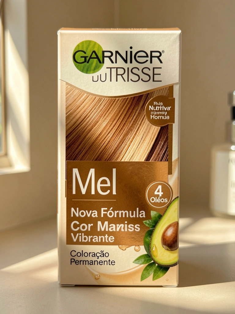 Caixa de coloração Garnier Nutrisse tom Mel sobre bancada bege, com amostra degradê de marrom claro a escuro, luz solar suave e ilustração de abacate.