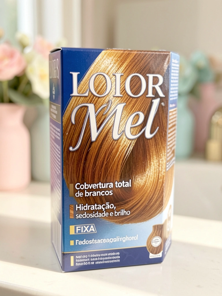 Caixa de tinta de cabelo Loiro Mel com detalhes azuis e brancos, iluminada por luz difusa, fundo pastel desfocado.