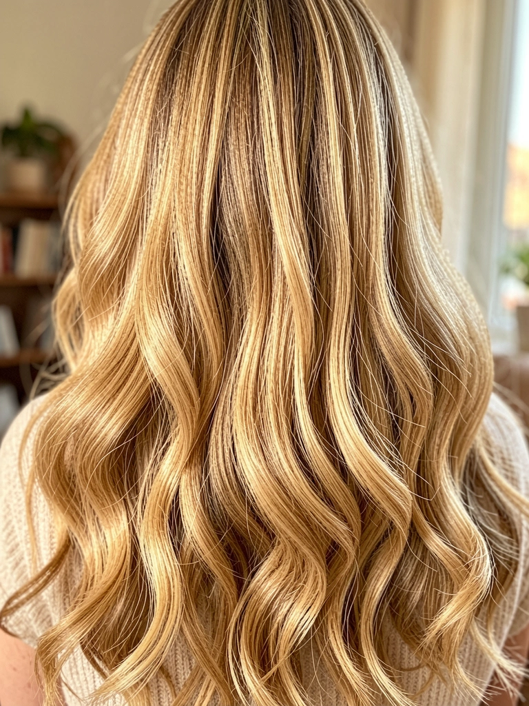 Close-up de cabelo loiro mel ondulado com balayage, luz natural difusa destacando os fios, fundo levemente desfocado.