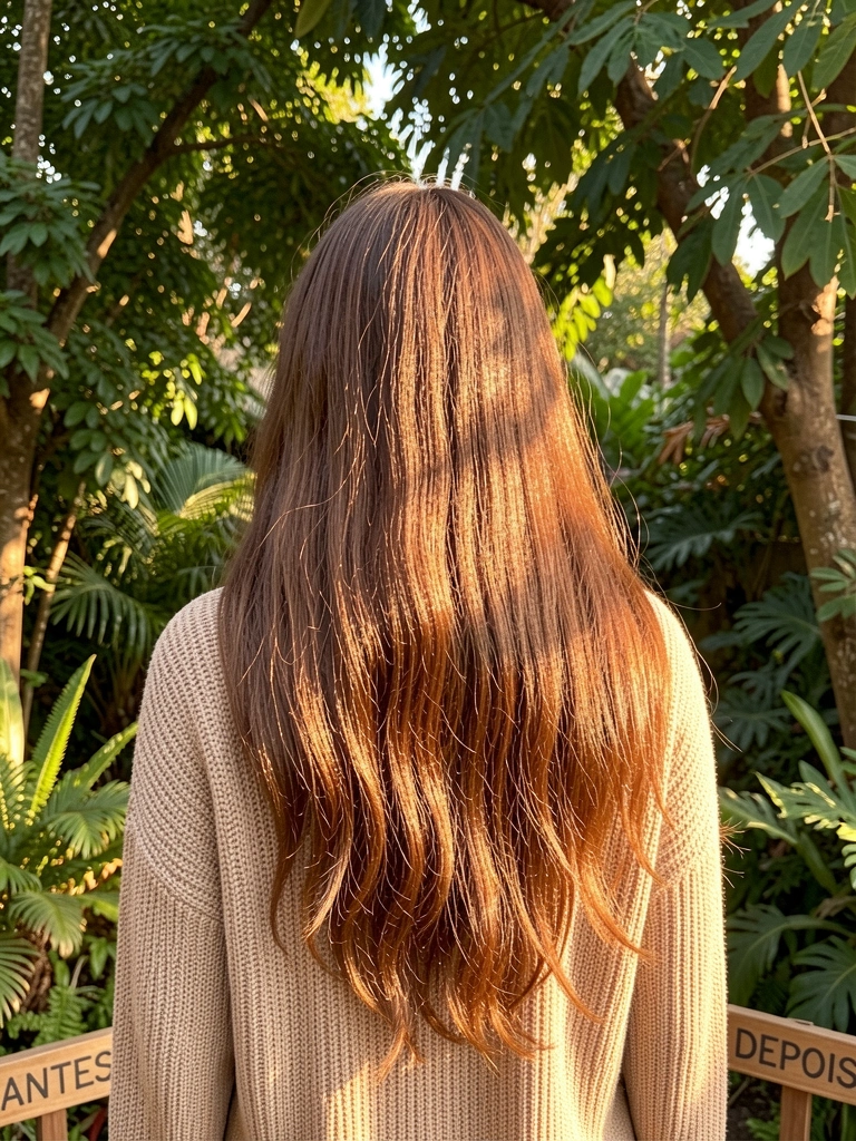 Mulher de suéter bege vista de costas em jardim verde com luz filtrada, placa 