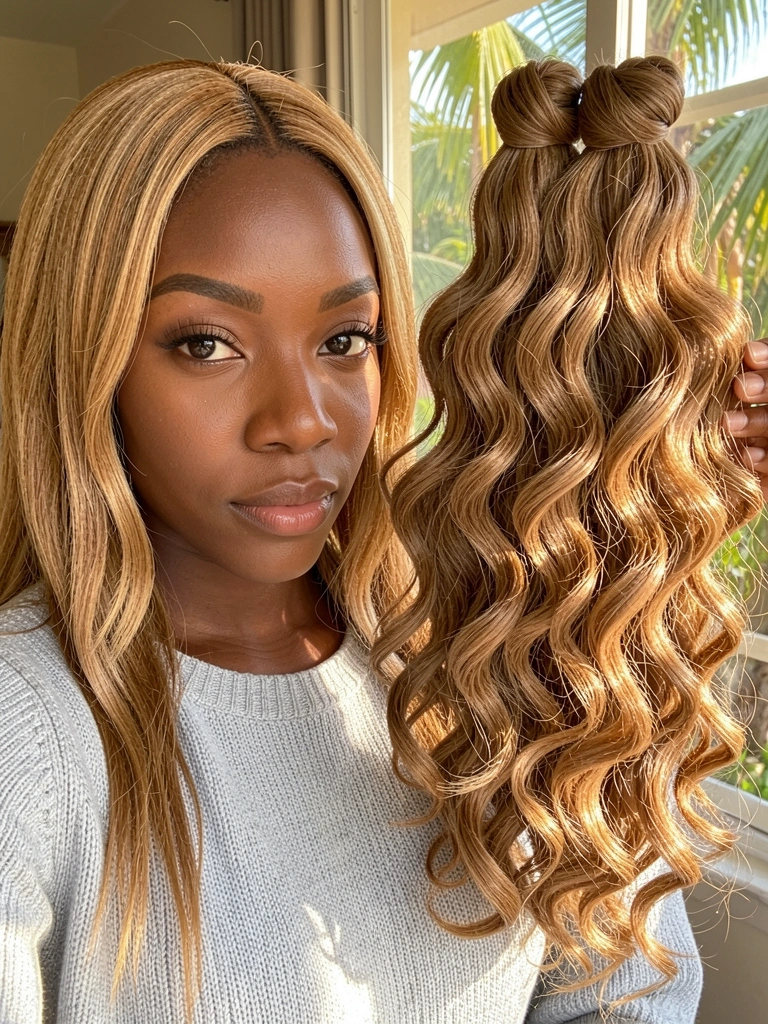 Jovem negra com cabelo honey-blond e top de tricô cinza claro ao lado de mechas castanhas claras cacheadas com textura e brilho, luz natural filtrada.