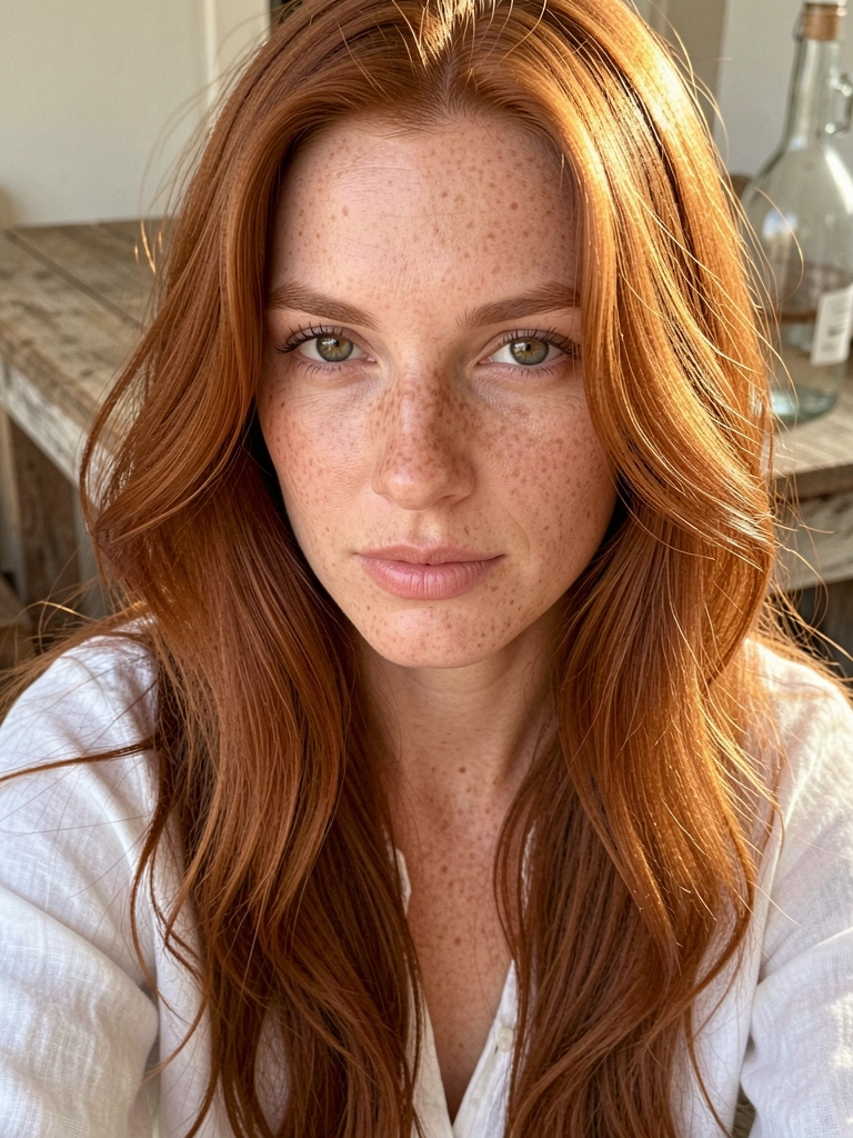 Luz natural suave destaca sardas e cabelos ruivos em close de mulher com blusa de linho branca, fundo desfocado com mesa rústica e garrafa de vidro.