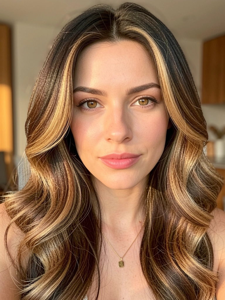 Mulher de cabelos castanhos com mechas loiro mel escuro em ondas soltas, colar de ouro delicado, olhos avelã e pele clara sob luz natural suave.